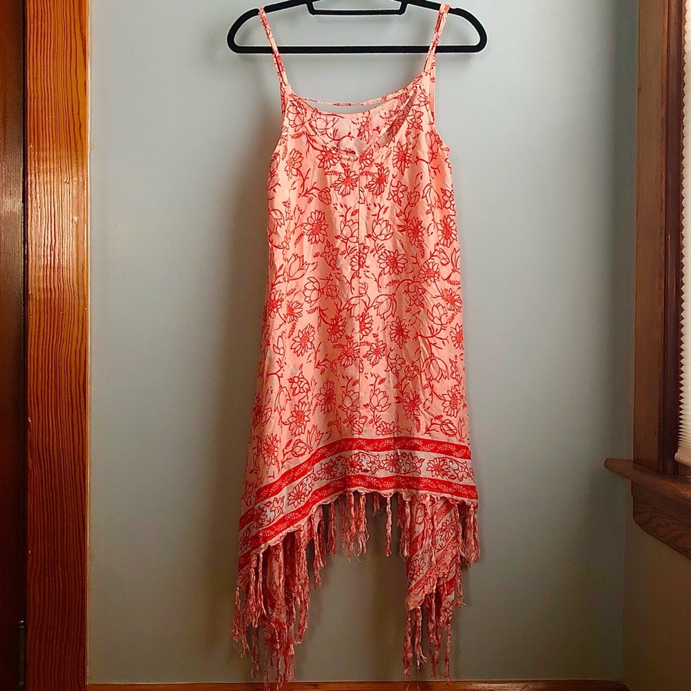 Lagaci Large red and pink floral print dress / tunic with tassels